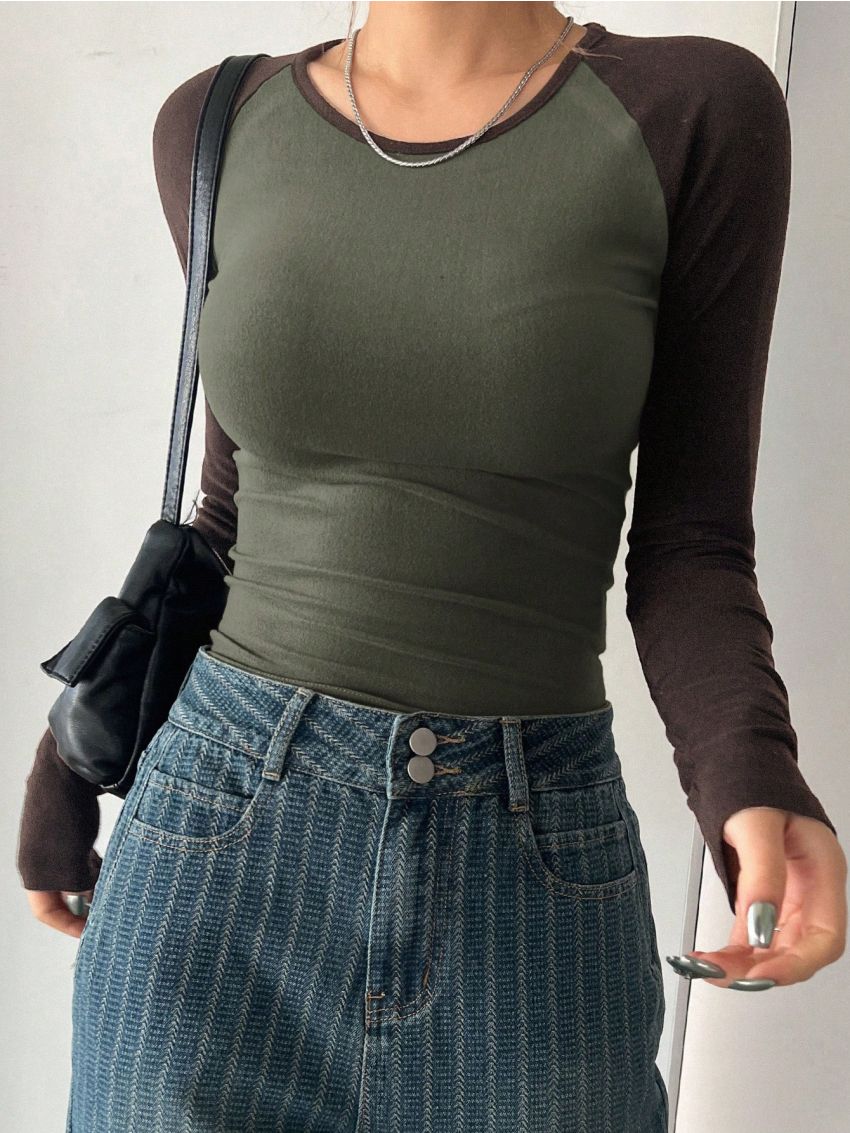 DAZY Spring Round Collar Stretchy Color Block Patch Shoulder Raglan Long Sleeved T-Shirt