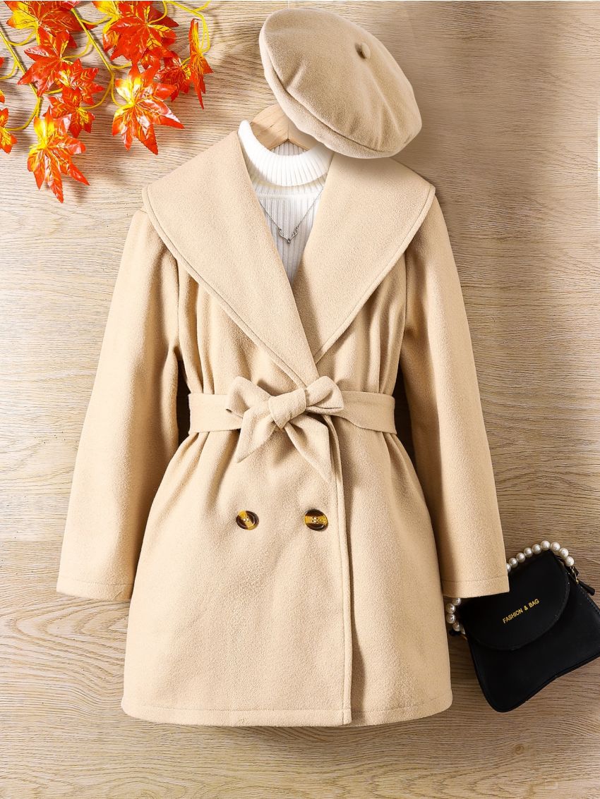 SHEIN Kids FANZEY Girls Waterfall Collar Double Breasted Belted Overcoat