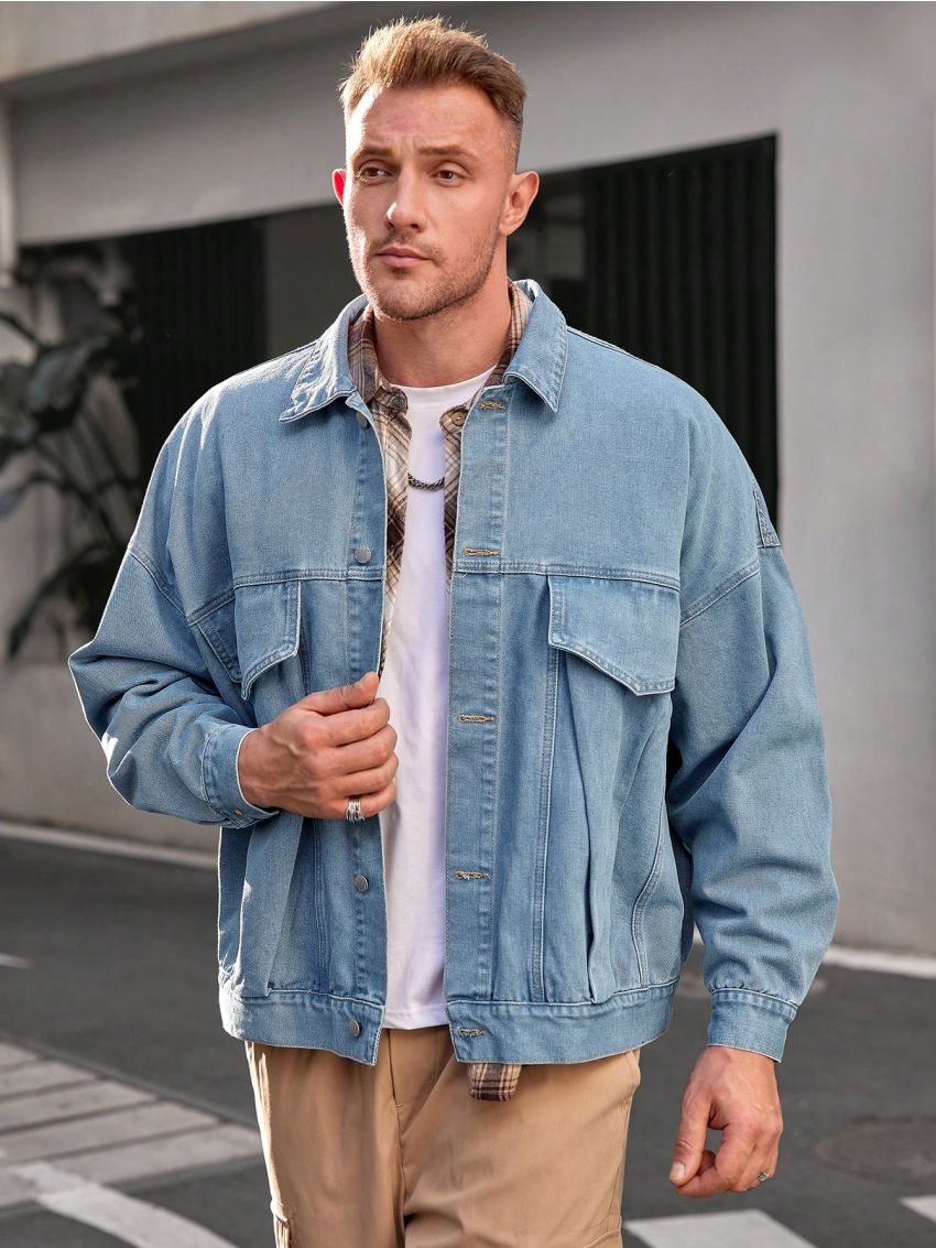 Manfinity Hypemode Men's Plus Size Lapel Decorated Drop Shoulder Sleeve Denim Jacket