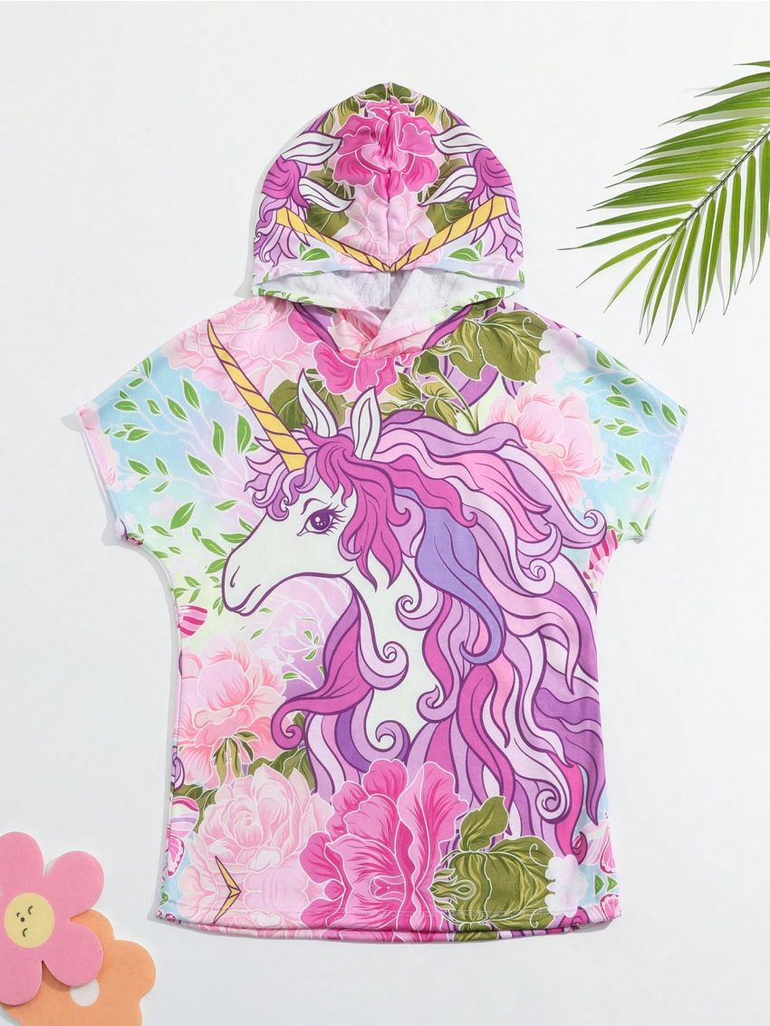 Little Girls' Unicorn Printed Hooded Cover Up