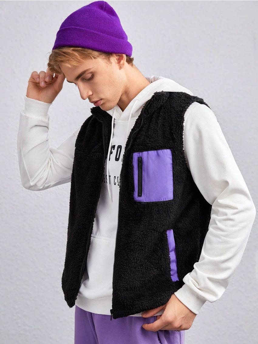 SHEIN Men 1pc Zip Up Pocket Patched Teddy Vest