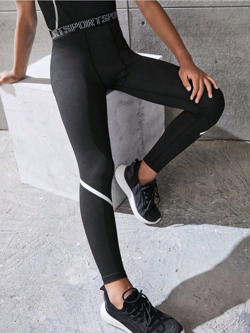 Boys' Sports Outdoor Indoor Black Compression Running Pants With White Printed Stripes For Cycling, Running & Various Exercise