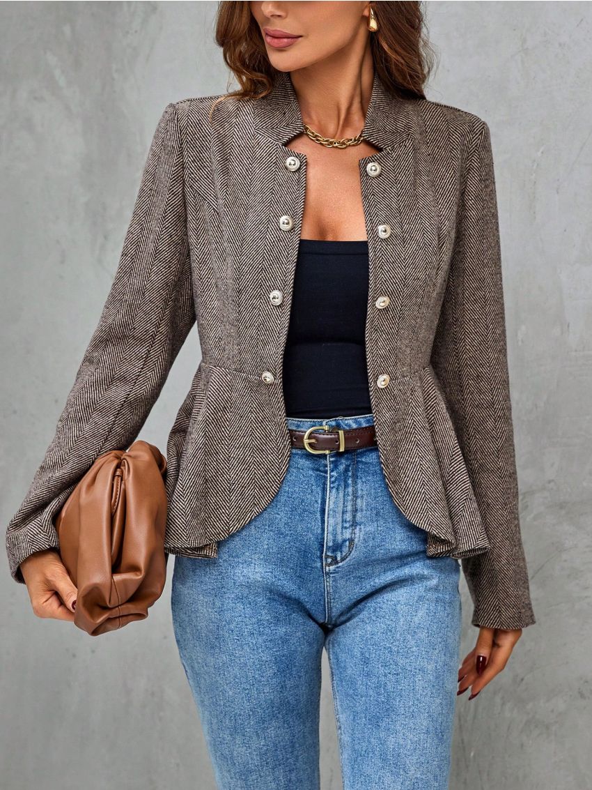 Herringbone Pattern Button Front Peplum Jacket