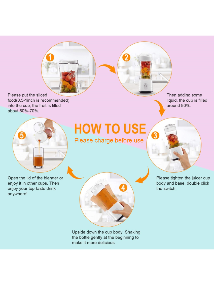 Portable Blender 380ml/13Oz for Shakes and Smoothies,Type-C USB Rechargeable Personal Blender with 6 3D Blades for Strong Blending Power,  with Cleaning Brush/Straws for Travel, Office and Sports(WHITE)