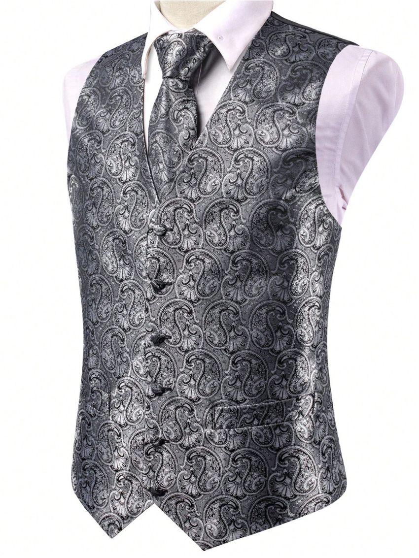 Men Paisley Print Waistcoat & 1pc Tie & 1pc Handkerchief & 1pair Cufflinks