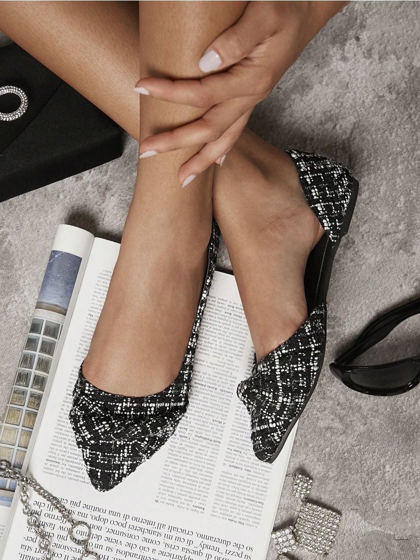 Tweed Pointed Toe Slip On Ballet Flats