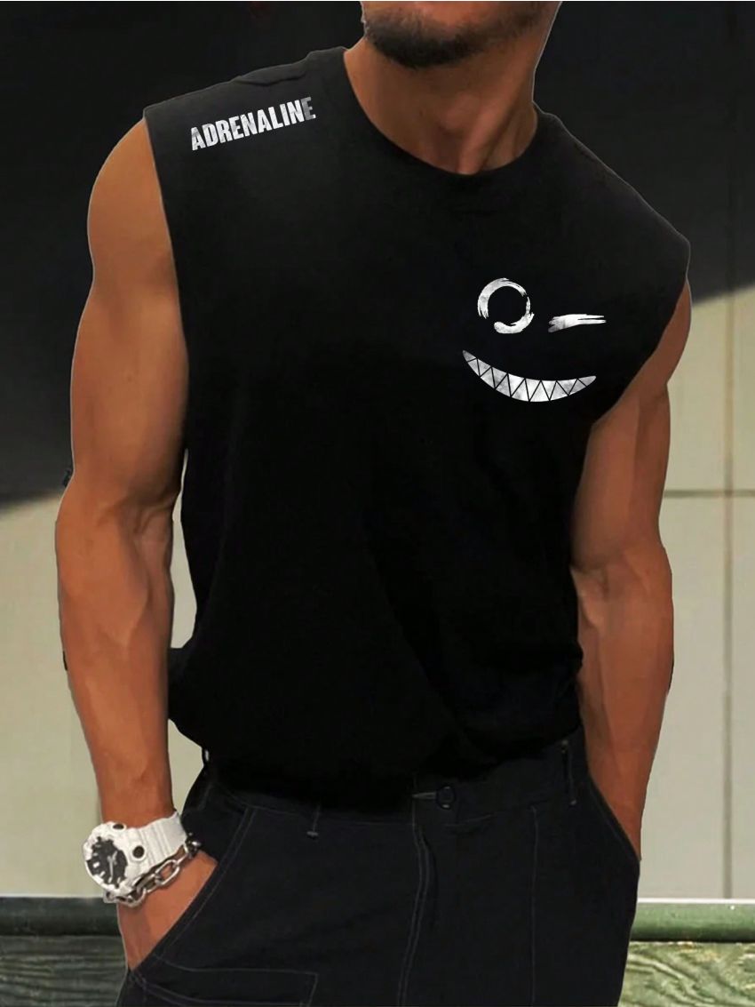 Men's Sleeveless Tank Top With Letter And Smile Face Print