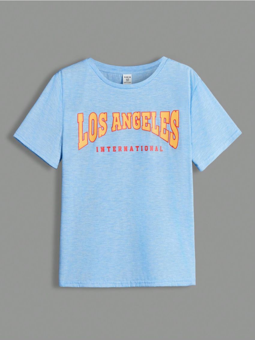 SHEIN Kids EVRYDAY Boys' Fashionable Casual T-Shirt With Letter Print And Color Block Design, Round Neck