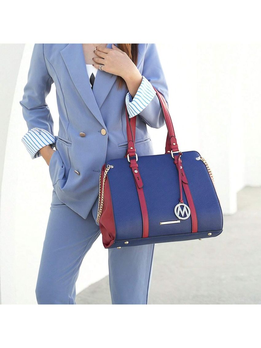 Amy Color Block Vegan Leather Womens Tote Bag  Lightweight Shoulder Handbag, Simple Work Bag