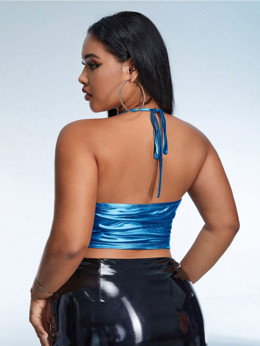 SHEIN ICON Plus Holographic Ruched Side Crop Halter Top