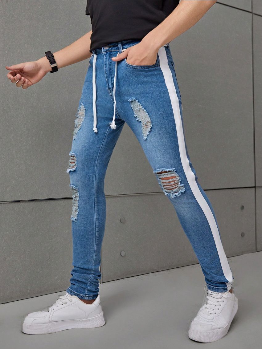SHEIN Teenage Boys' Washed Ripped & Colorblock & Tight-Fitting & Stretch Denim Pants