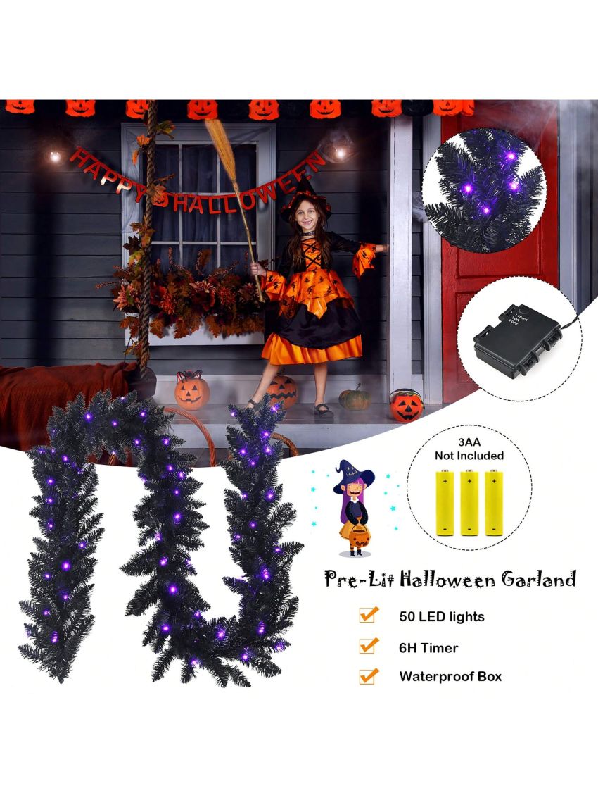 Costway 9ft Pre-lit Christmas Halloween Garland Black w/ 50 Purple LED Lights