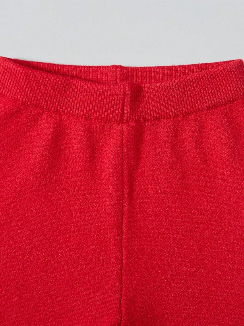 Infant Girls' Cherry Pattern Knitted Sweater And Pants Set With Ruffled Hem