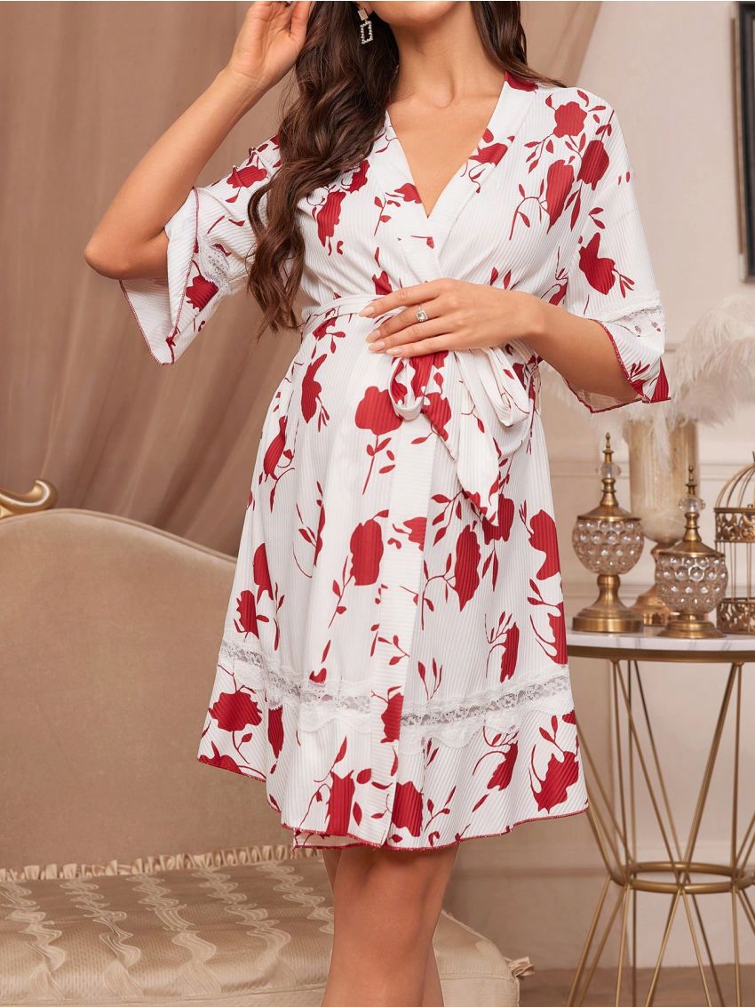 Women's Floral Print Wrap Design Robe For Sleepwear