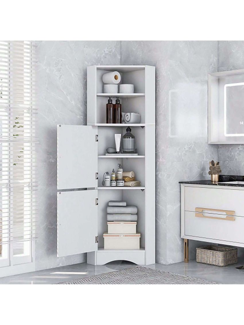 Tall Bathroom Corner Cabinet, Freestanding Storage Cabinet with Doors and Adjustable Shelves, MDF Board, Black