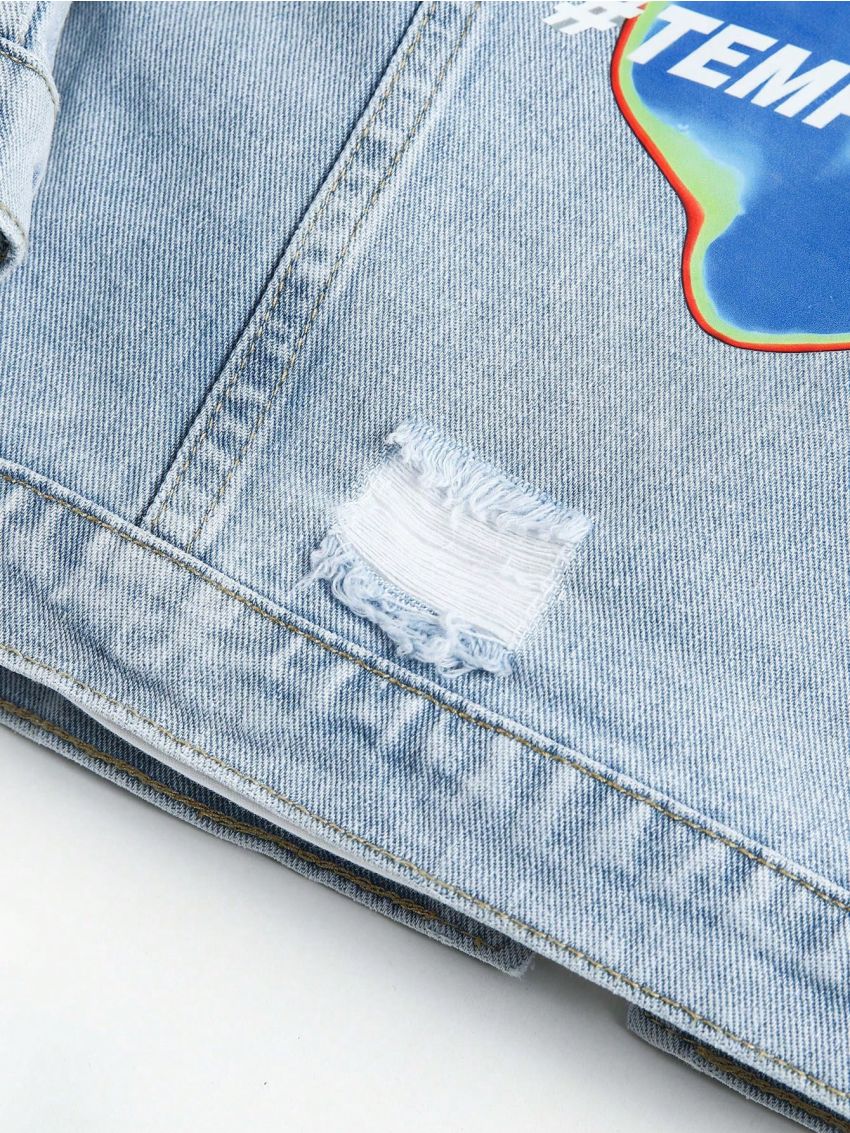 Boys' Broken Hole Denim Jacket With Slogan Print