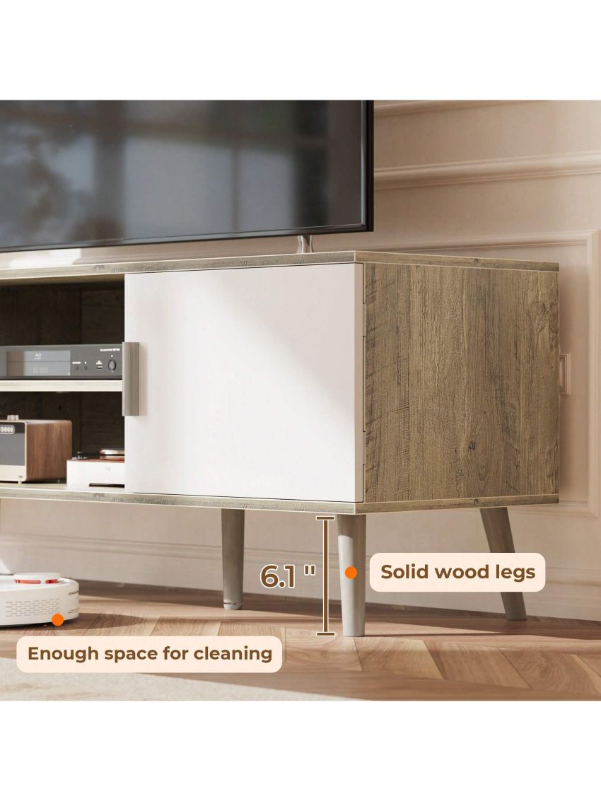 SUPERJARE TV Stand for 55 Inch TV, Entertainment Center with Adjustable Shelf, 2 Cabinets, Solid Wood Feet, 4 Cord Holes