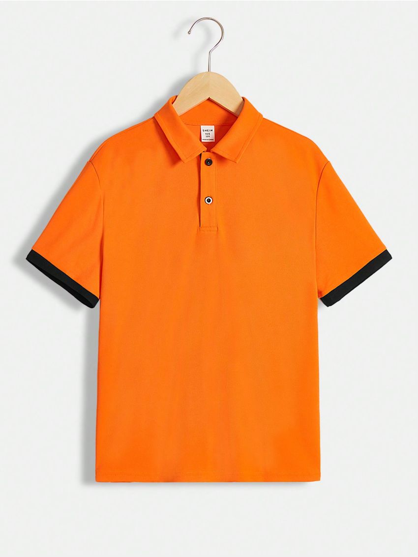 SHEIN Kids EVRYDAY Tween Boy Casual Loose Knitted Polo Shirt With Color-Blocking Placket, Sleeve Cuffs And Collar