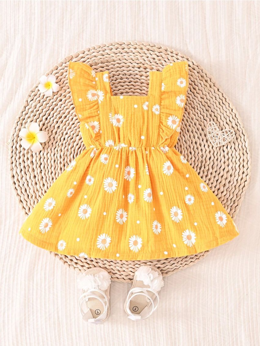 SHEIN Baby Girl Daisy Print Ruffled Hem Dress