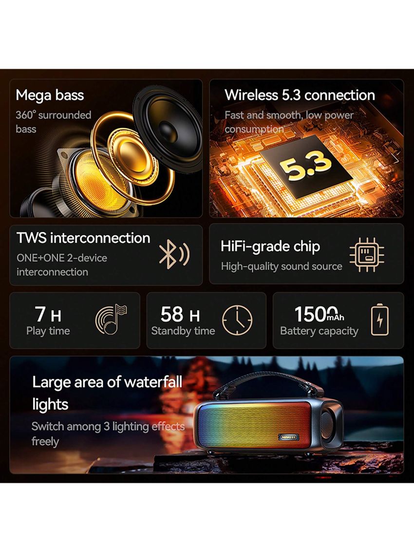 Remax Wireless Portable Outdoor Speaker,2-speaker interconnection for 3D surround sound,Waterfall light Mode,BT/AUX/USB/FM Play Modes,Colorful RGB,HiFi Playback,7H Play Time,Suitable For Travel, Camping, Party,FCC&CE Certification,Black