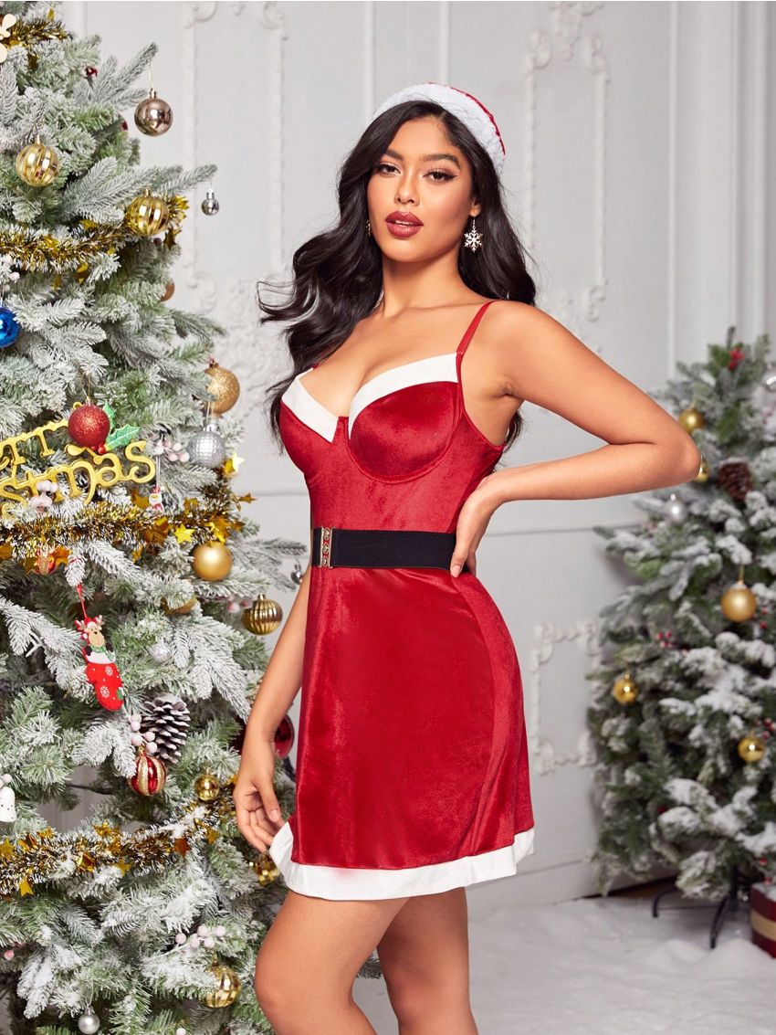 Christmas Costume Dress With Belt & Hat