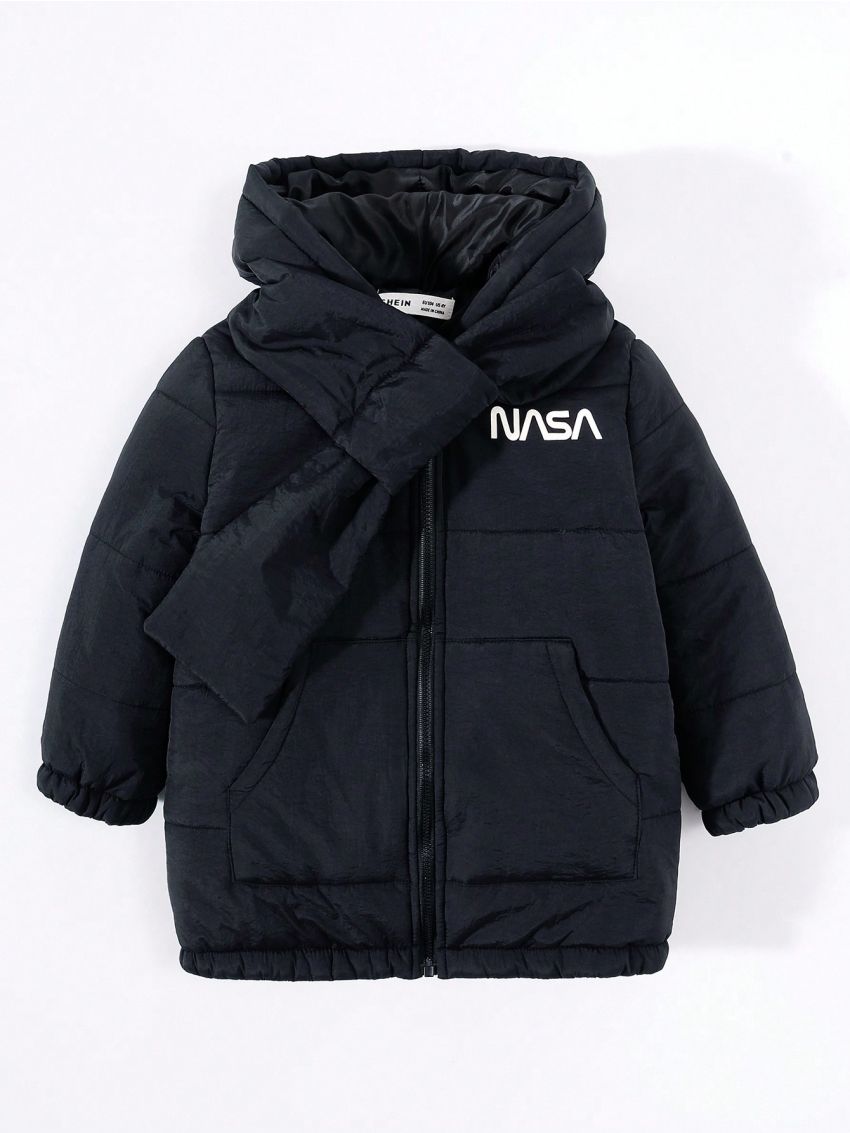 SHEIN Toddler Boys' Casual Comfortable Hooded Jacket With Padding, English Pattern And Scarf Set