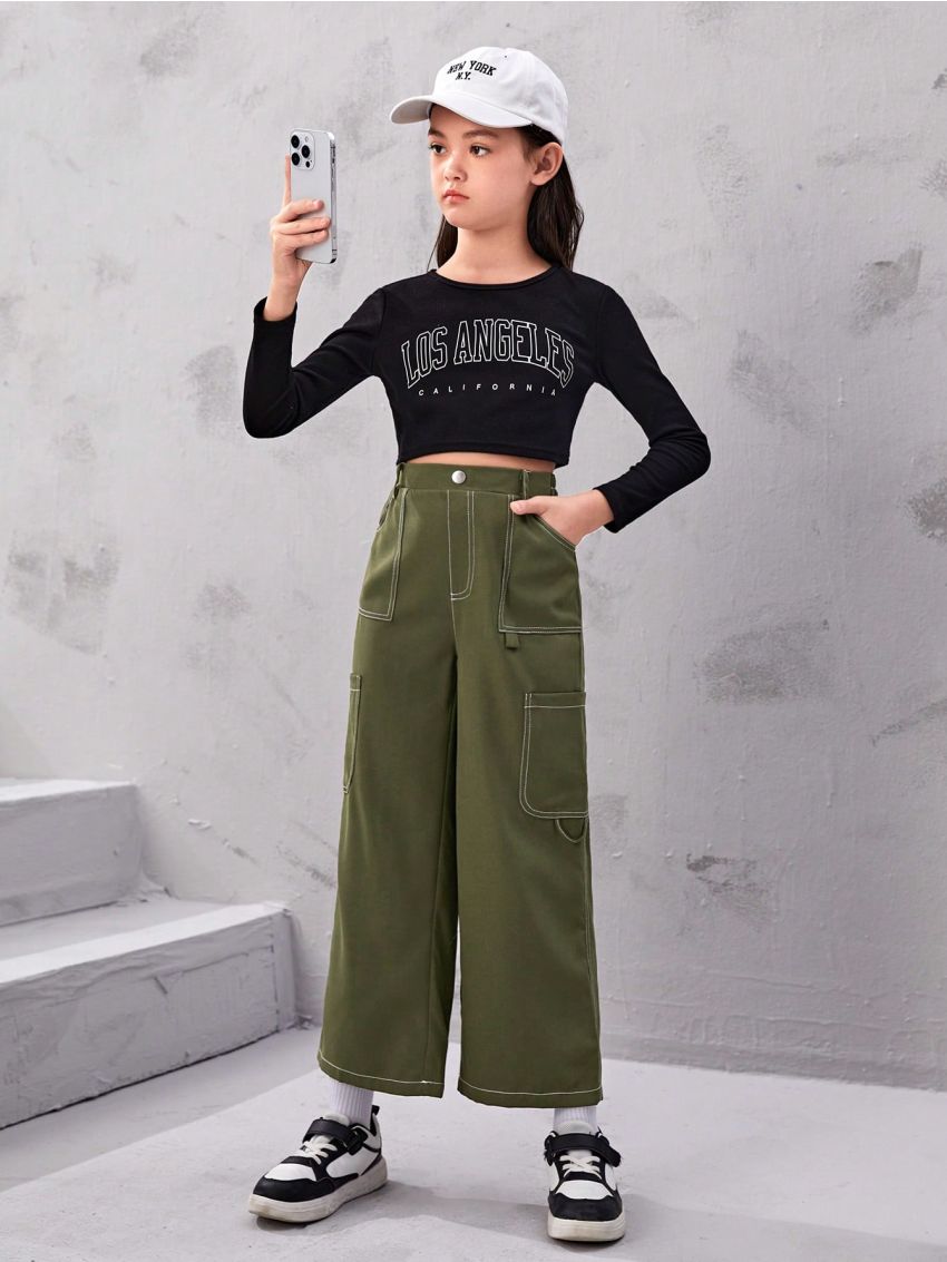 SHEIN Girls' Loose Fit Academy Style Woven Color Blocking Stripe Elastic Waist Wide Leg Pants With Multiple Pockets