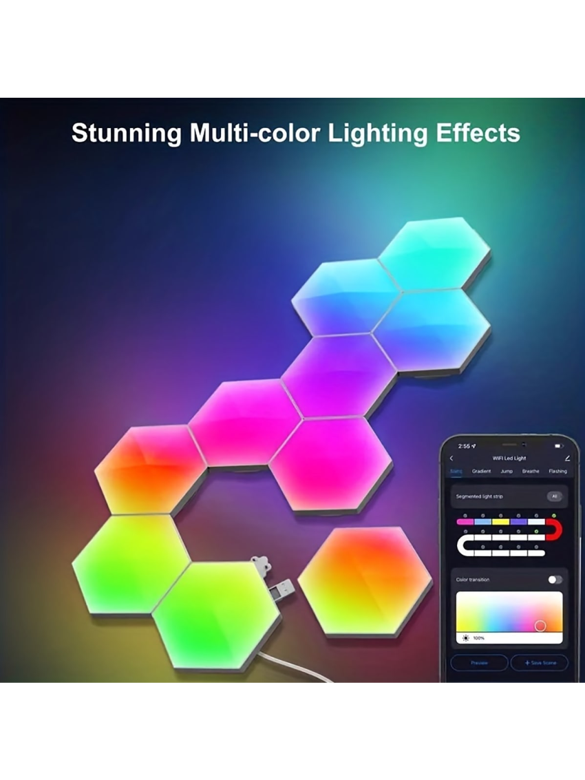 10pcs Hexagonal Lights, With Remote Control, Voice Control Lights, Smart DIY Hexagonal Wall Lights, Intelligent Application Control, ABS Material +PC Material, Double Control Hexagonal LED Lamp Wall Panel, Usb Power Supply, For Bedroom, Esports Room