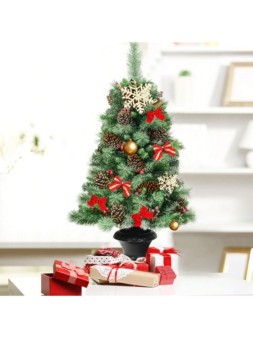Costway 4 ft Christmas Entrance Tree with Pine Cones Red Berries and Glitter Branches