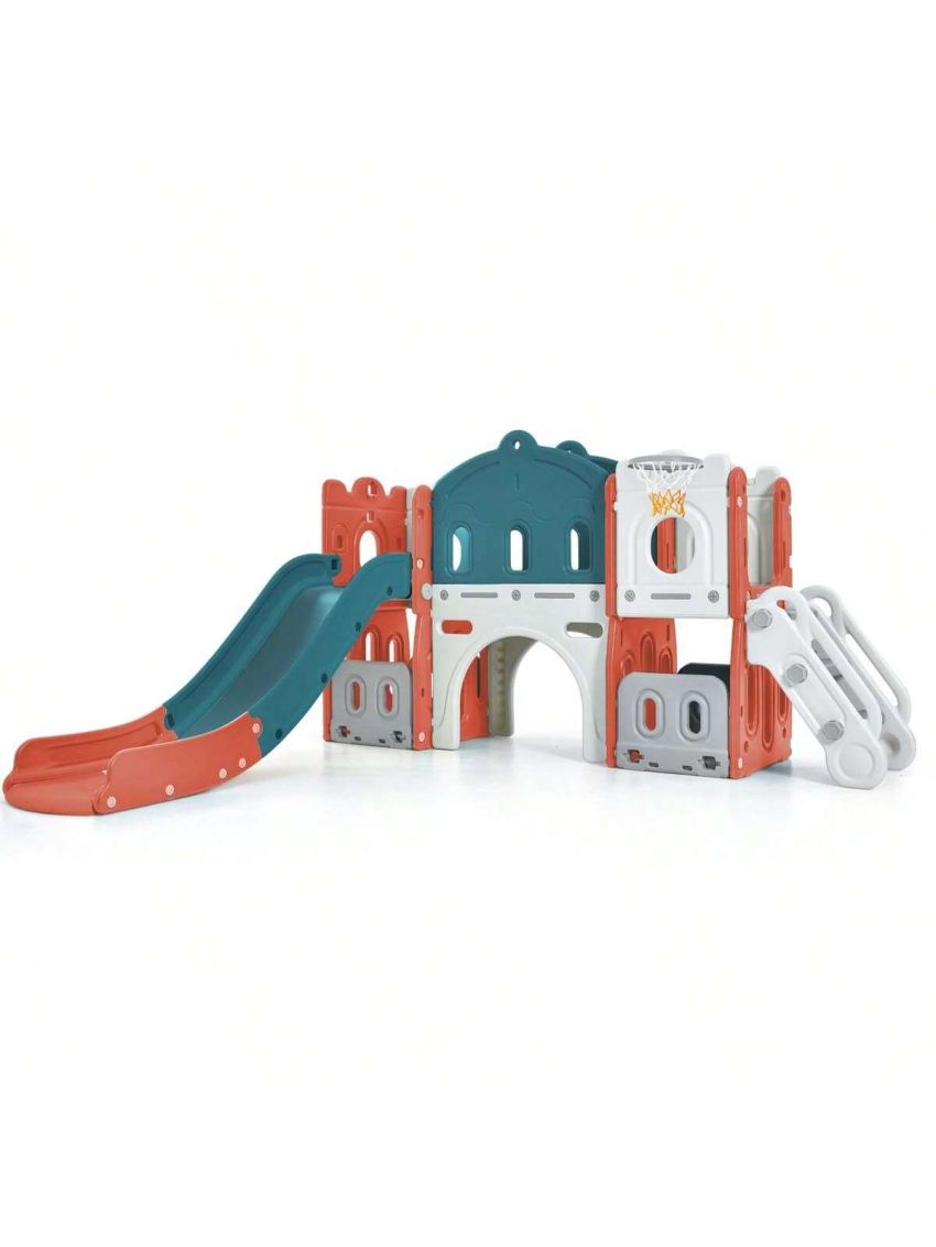 Merax Kids Slide Playset Structure, Freestanding Castle Climber with Slide and Basketball Hoop, Toy Storage Organizer for Toddlers, Kids Climbers Playhouse for Indoor Outdoor Playground Activity