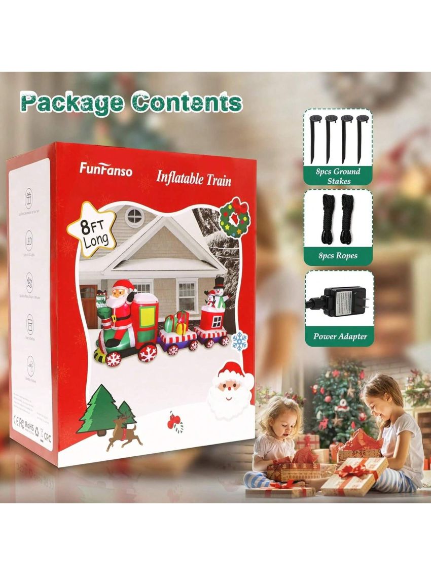 8 FT Christmas Inflatable Train with Santa Claus, Snowman, Penguin, Gift Boxes, Blow Up Yard Decorations with Built-in Lights, Lovely Xmas Train Carriage for Holiday Display Lawn Garden Party Decor