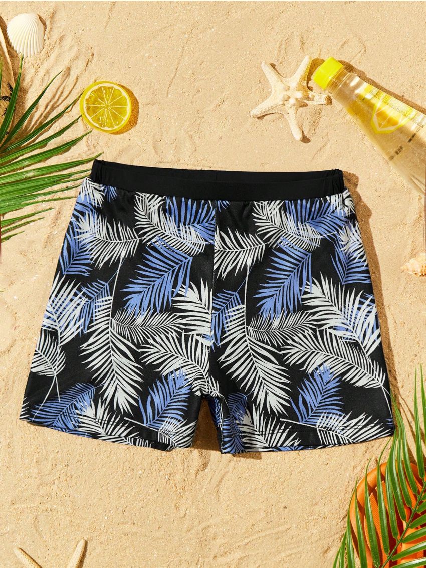 SHEIN Tween Boys' Casual Tight Knit Swimsuit With Plant Print