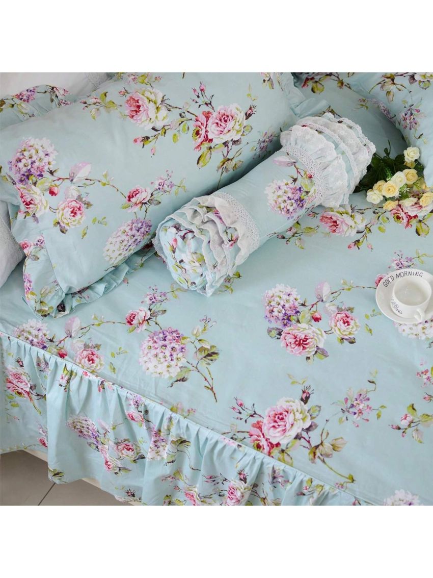 4-Pieces Shabby Floarl Cotton Bedding Set Light Blue Hydrangea Print Duvet Cover Set with Bedskirt French Country Style with Ruffle -1 Duvet Cover, 1 Bedskirt, 2 Pillowshams