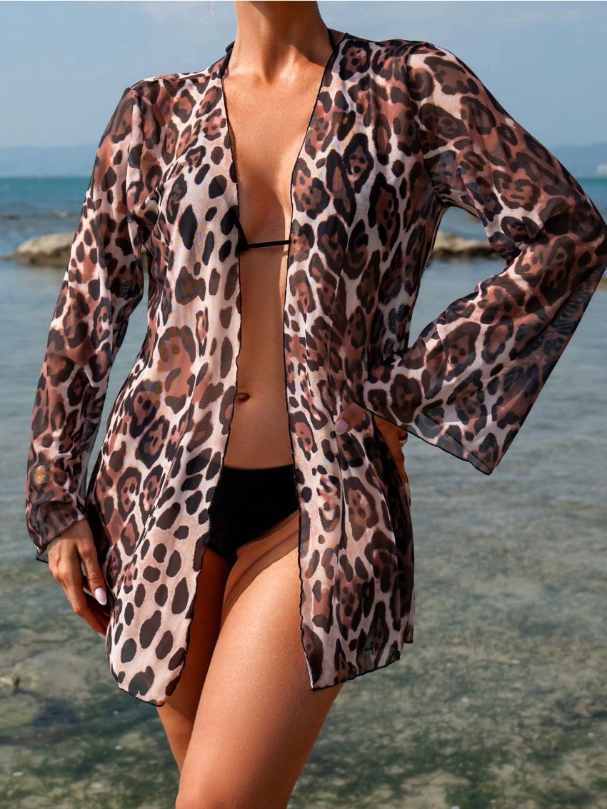 SHEIN Swim Vcay Leopard Print Flared Sleeves Kimono