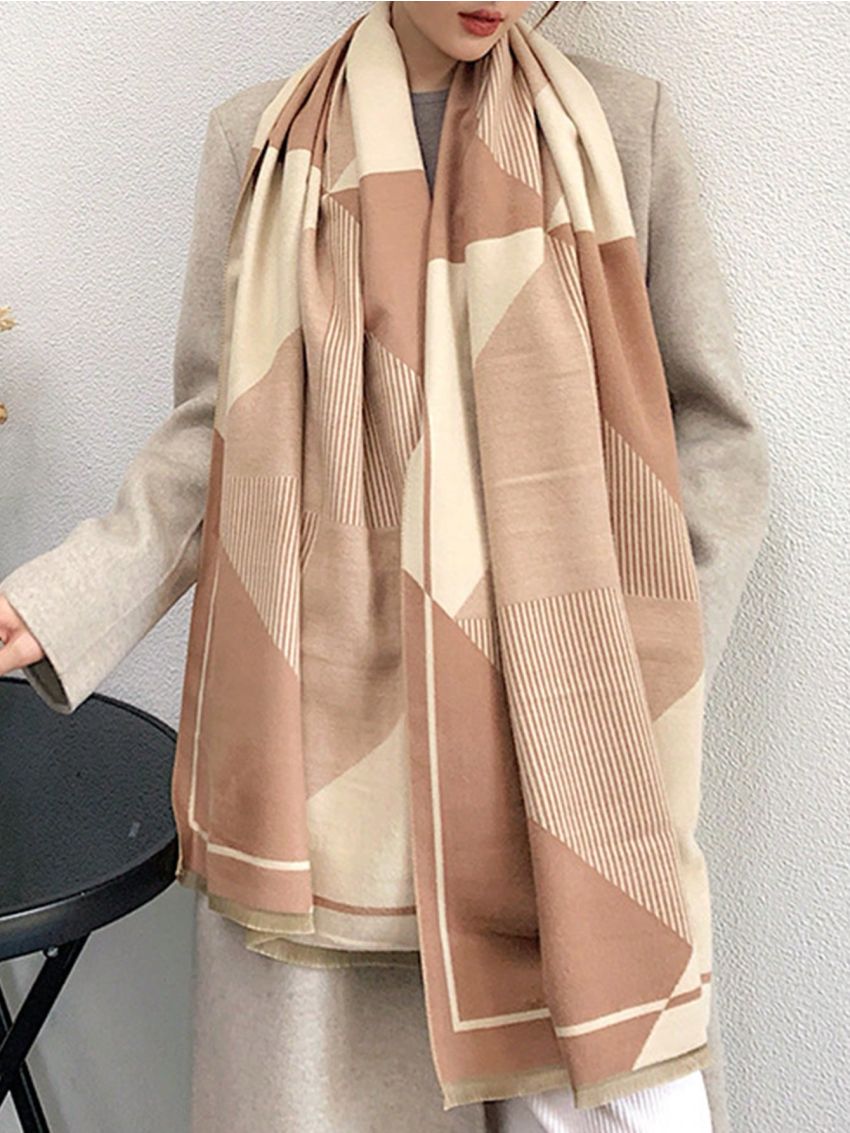 1pc Khaki Women Cashmere Feeling Color Block Long Shawl Scarf, Geometric Pattern Keep Warm Wool Fashion Scarf For Autumn Winter Daily Life Evening Dresses Travel Office Winter Wedding and gift