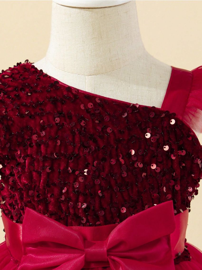 Little Girl's Asymmetric Neckline Sequin Panel Dress With Bow Decoration