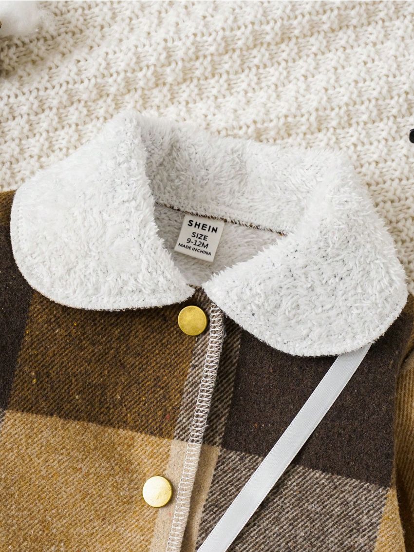 Baby Girl Plaid Print Borg Collar Overcoat