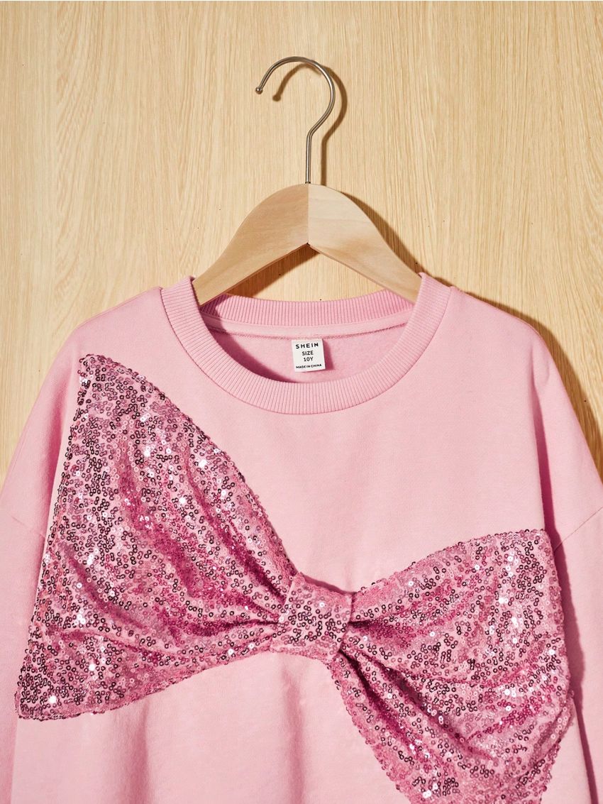 SHEIN Tween Girl Bow Front Sequin Decor Pullover