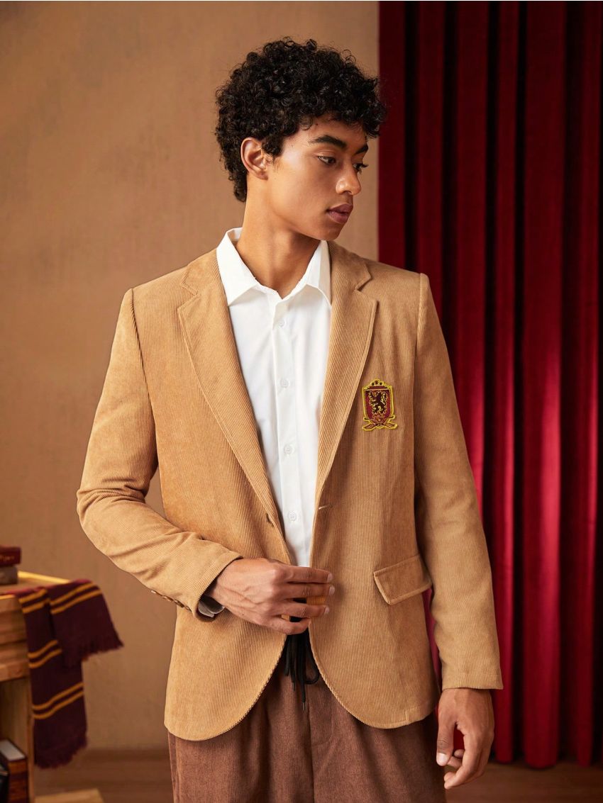 HARRY POTTER X SHEIN Men Letter Patched Flap Detail Corduroy Blazer