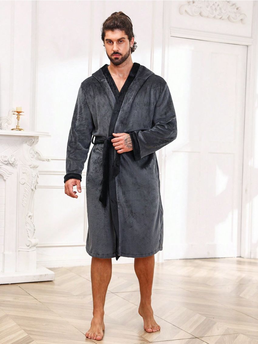 Men Contrast Trim Belted Sleep Robe