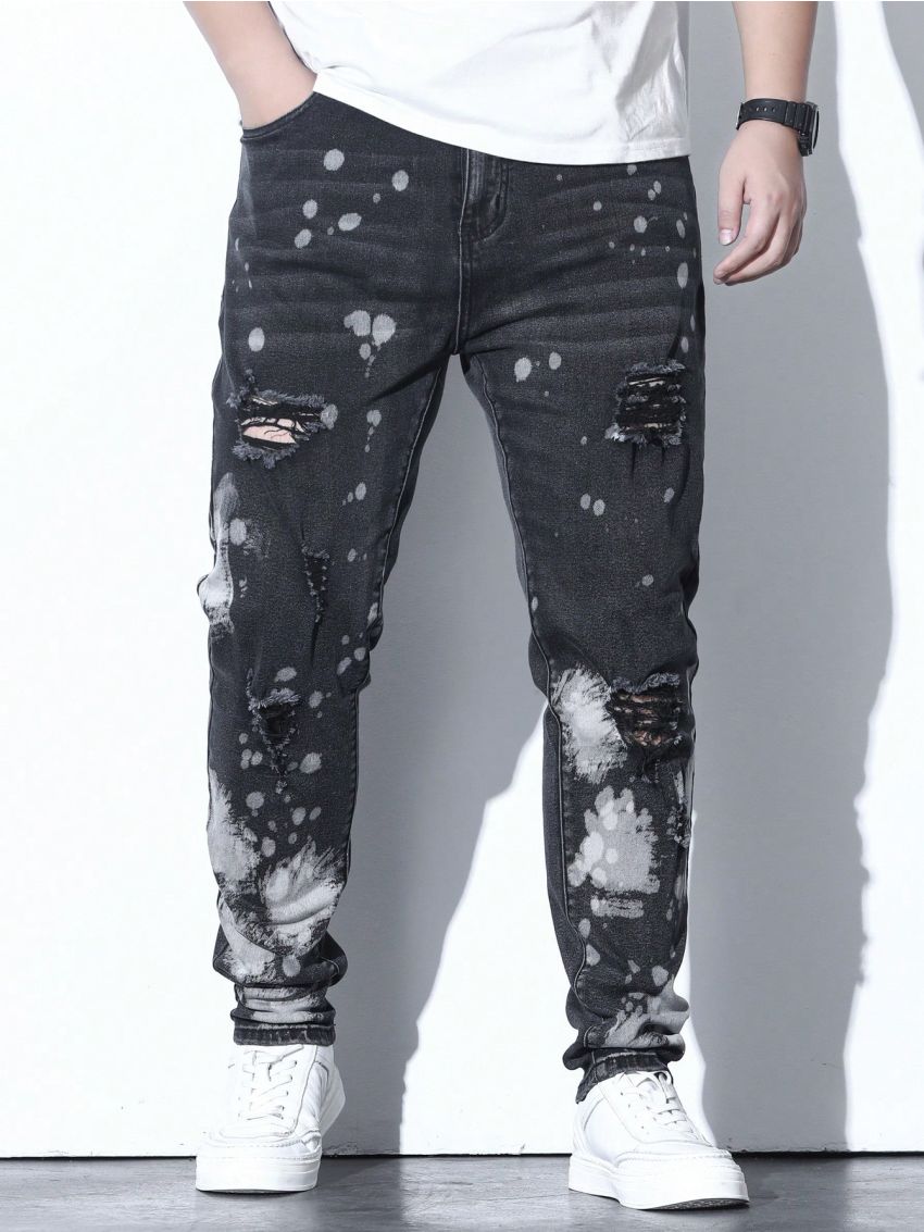 Men Plus Splash Ink Print Ripped Frayed Jeans