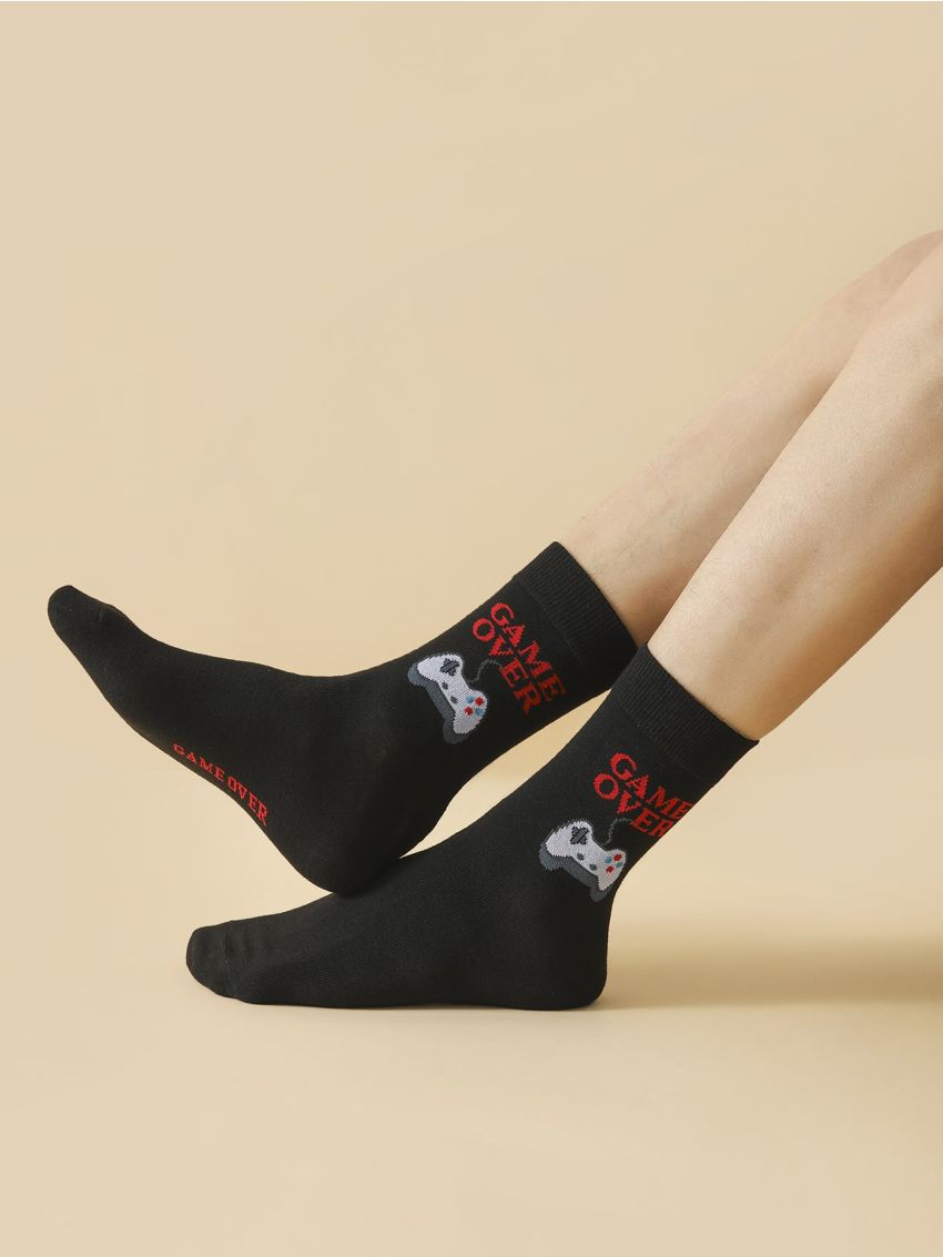 Men Gamepad & Slogan Graphic Crew Socks