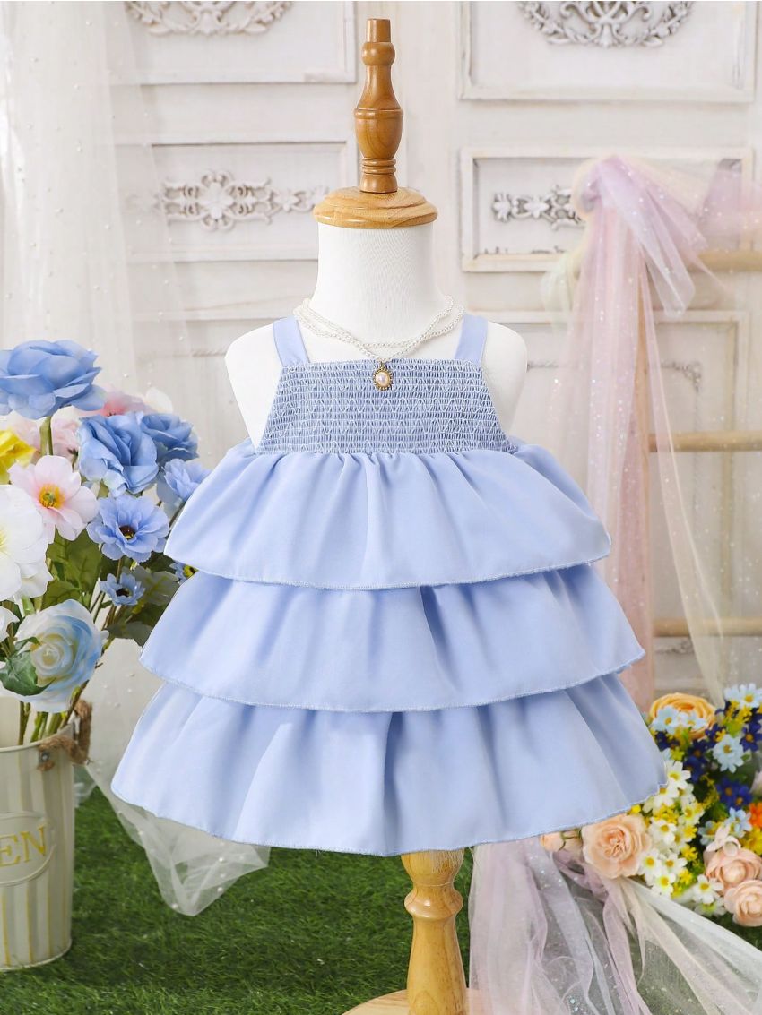Baby Girls' Multi-Layered Ruffled Hem Spaghetti Strap Dress For Summer
