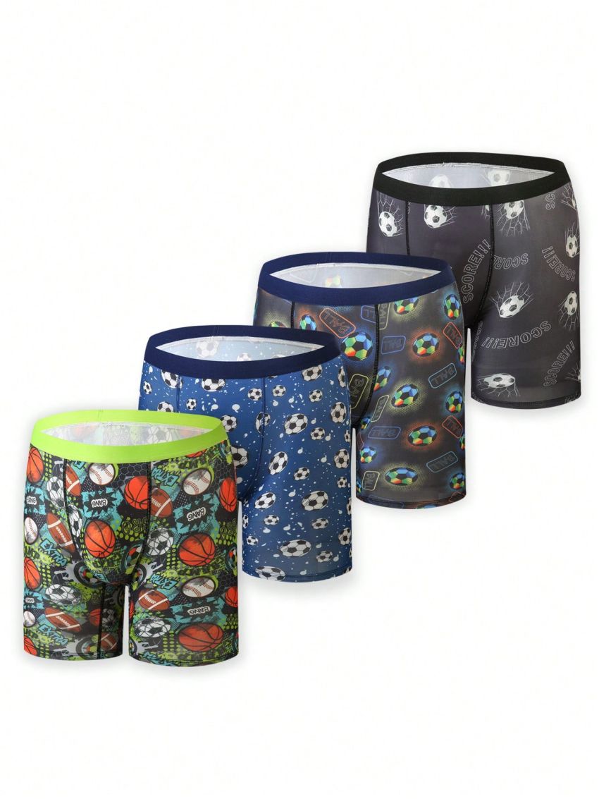 4pcs/set Tween Boys' Soccer Print Boxer Briefs