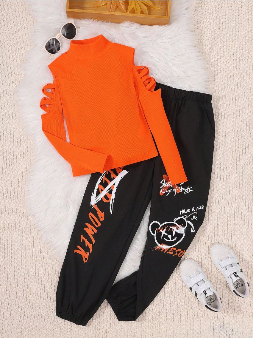 SHEIN Kids Cooltwn Tween Girl Cold Shoulder Tee & Letter Graphic Pants