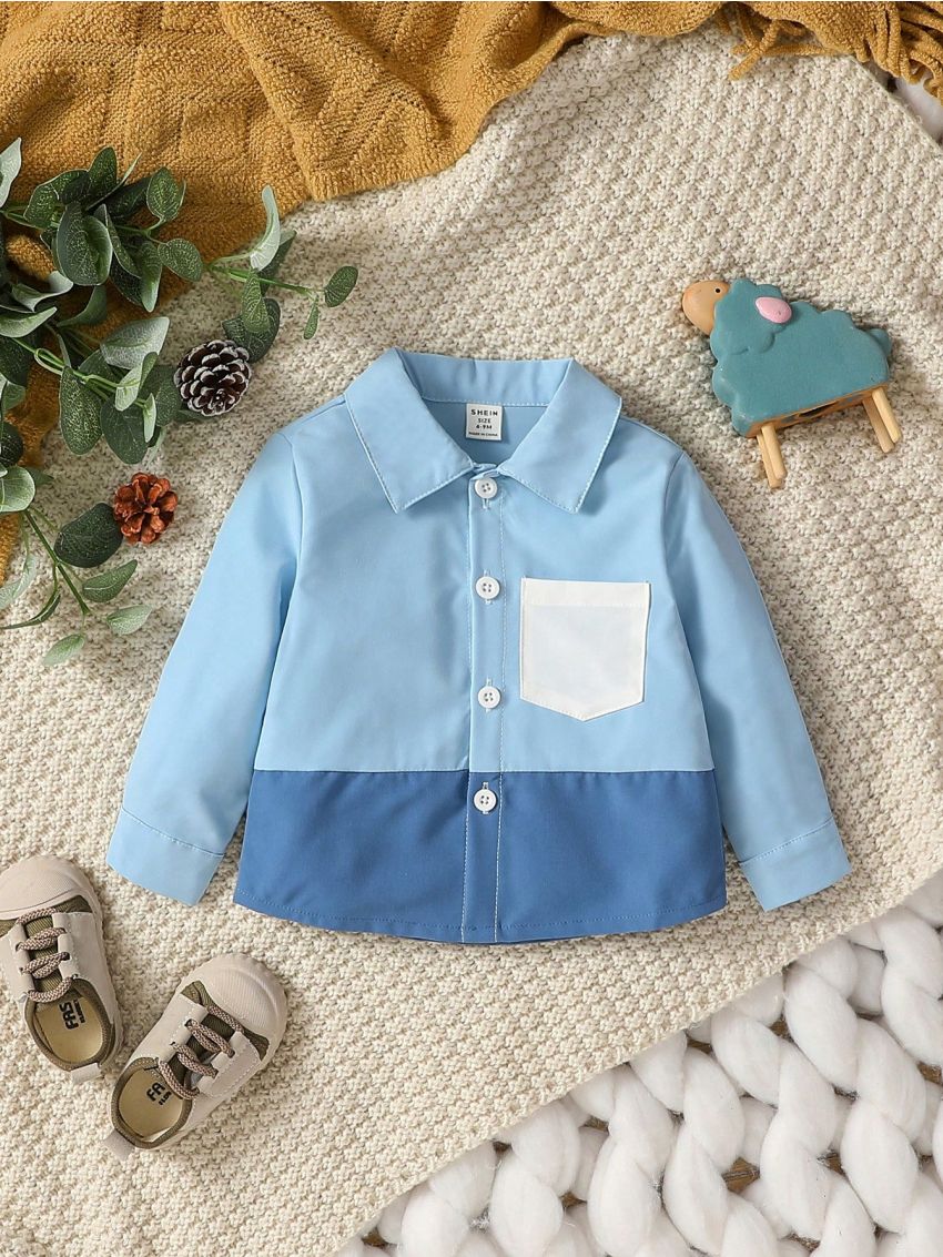 Street Style Baby Boy's Shirt Style Jacket With Colorblock Collar And Pockets, Long Sleeve Workwear Outerwear For Cute Casual Spring/Summer Look