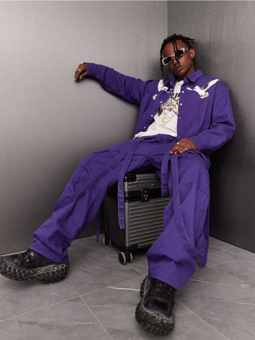 Men's Pigeon & Letter Printed Denim Shirt