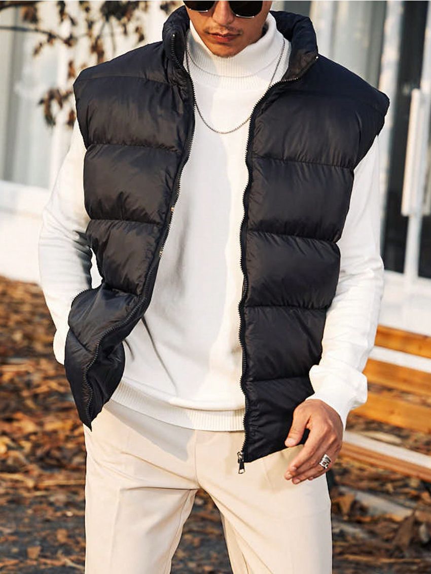 Manfinity Homme Men Plus Solid Zip Up Puffer Vest Coat