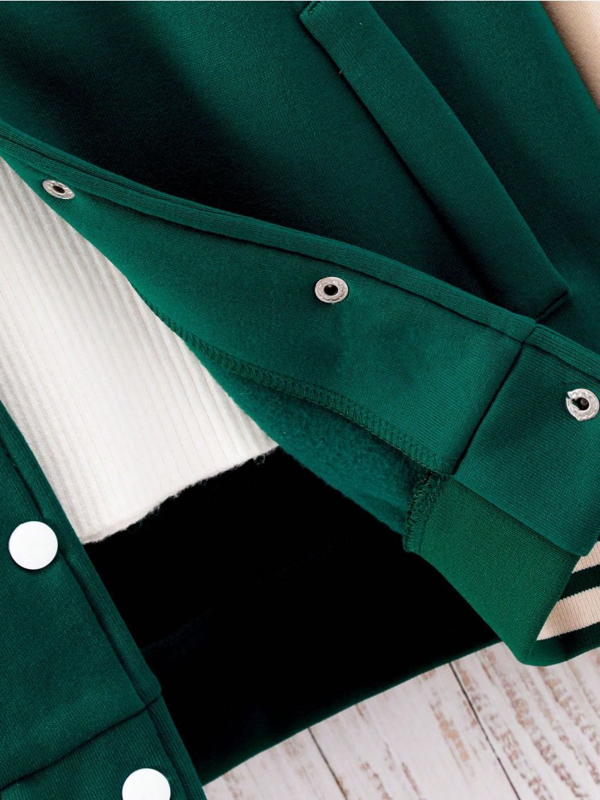 Teen Girls' Casual Letter Embroidery Patchwork Fleece Baseball Jacket For Autumn, Winter