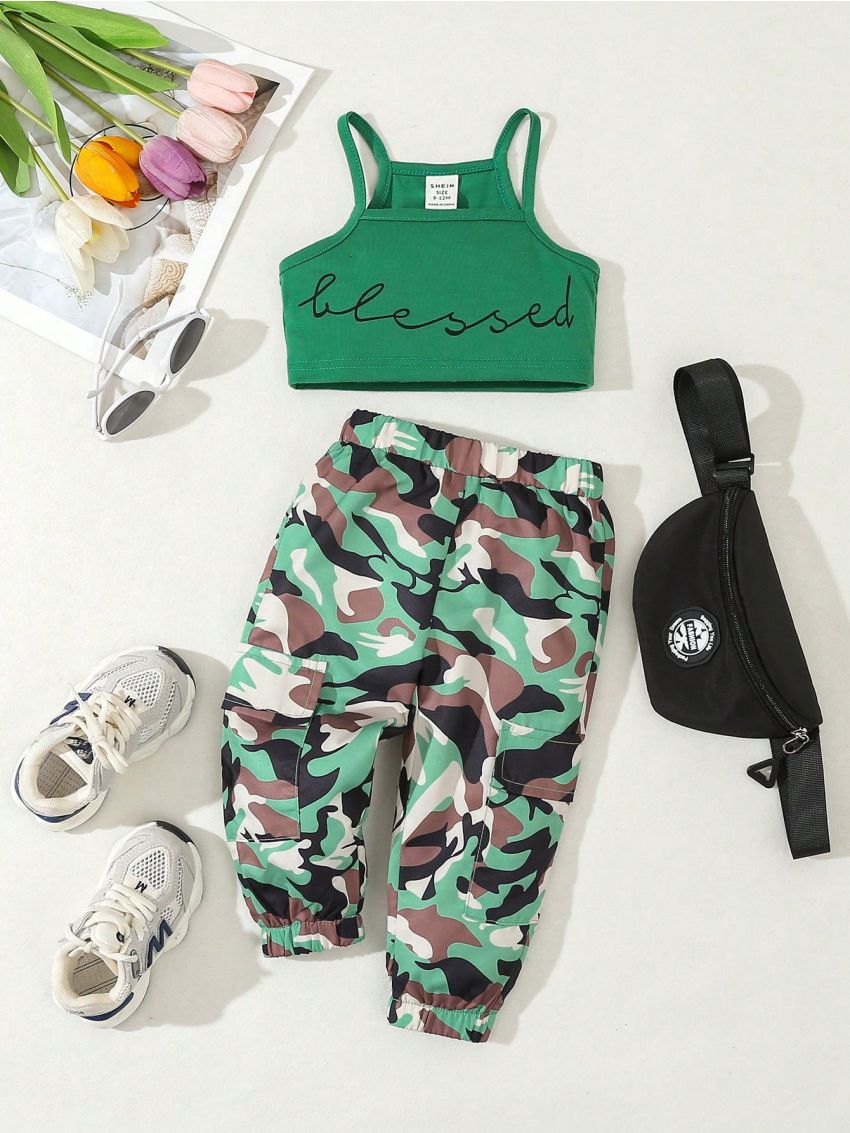 Baby Girl And Child Letter Printed Cami Top Camouflage Printed Cargo Pants Suit